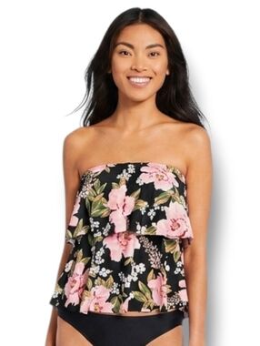 Kona Sol Women’s Black Floral Layered Tankini Swim Top XS NWT